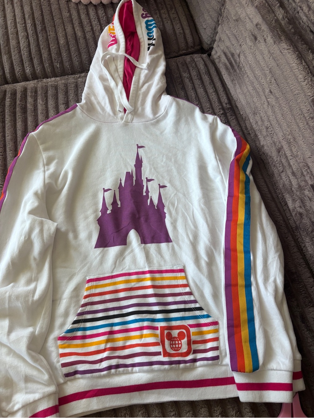 Disney White Hoodie with Purple Castle and Rainbow Stripe Accents